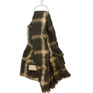 Plaid Scarf with Metallic Gold Thread‎ and Fringed Edges - Fashion Accessory